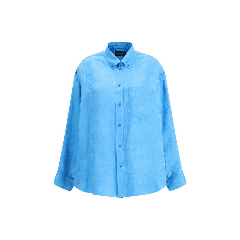 Balenciaga Blue Viscose Pattern Shirt with floral print, cocoon silhouette, rounded hem, button-down collar, and chest pocket.