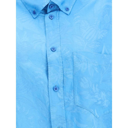 Balenciaga Blue Viscose Pattern Shirt with floral design, featuring a button-down collar and chest pocket.