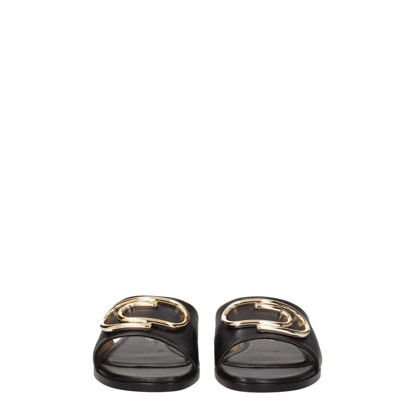 Off-White Black Leather Slippers with open toe and gold details, low flat heel, leather sole. MPN OWIC015LEA0031076.