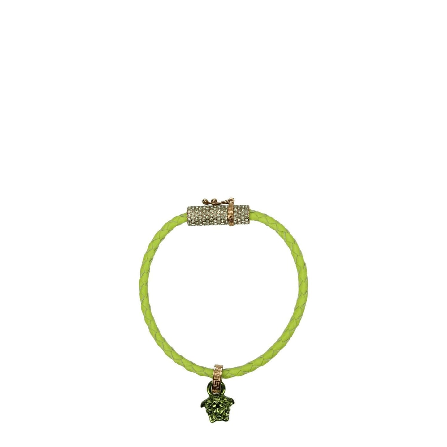 Versace Green Leather Bracelet with front detail, acid green color, and hook closure. Casual style, leather material, Versace design.