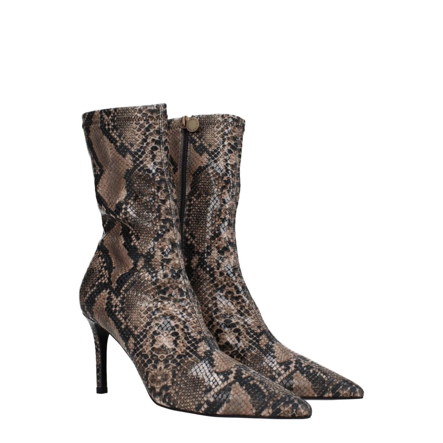 Stella McCartney Brown Leather Ankle Boots with python print, eco-friendly materials, and mid heels. Style: Vintage, Zip closure, Pointy toe.