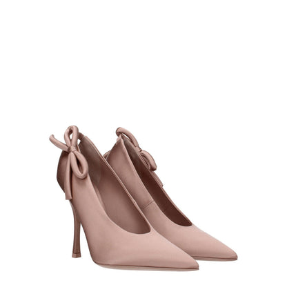 Valentino Garavani Pink Satin High Heel Pumps with pointy toe and side detail, featuring leather sole and stylish nude pink satin material.