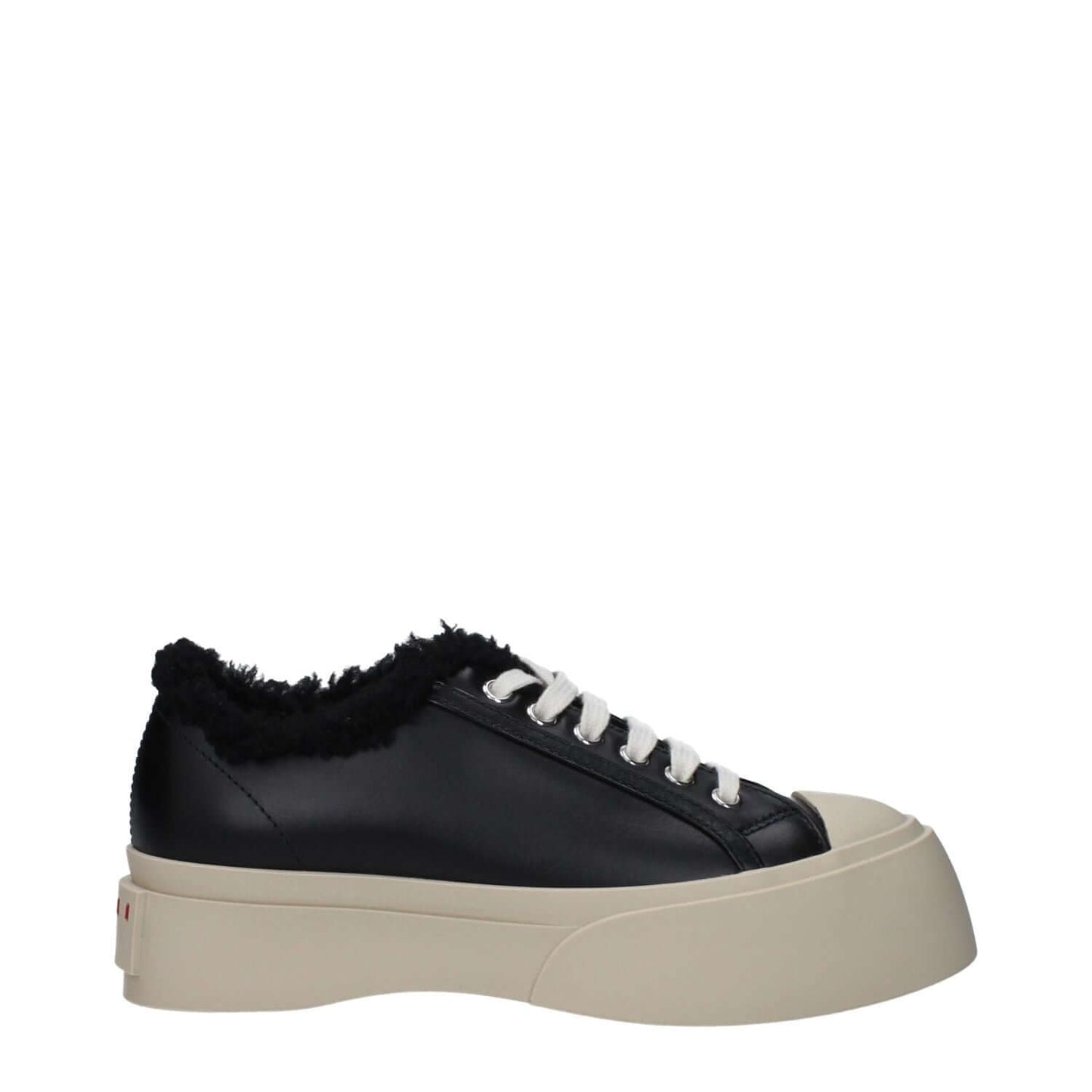 Alt Tag: Marni Black Leather Chunky Sneakers with logos, fur detail, lace-up closure on rubber sole, round toe, mid heels 3.5 cm.