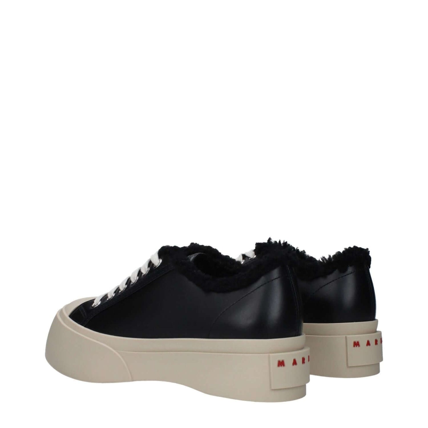 Marni Black Leather Chunky Sneakers with fur detail and rubber sole, featuring front and back logos, lace-up closure.