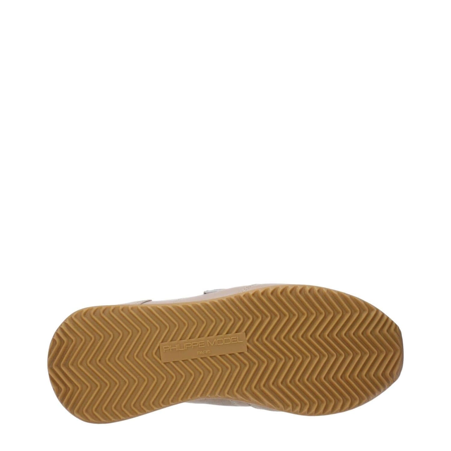 Sole view of Philippe Model Beige Leather Low Top Sneakers showcasing zigzag tread pattern and brand logo.