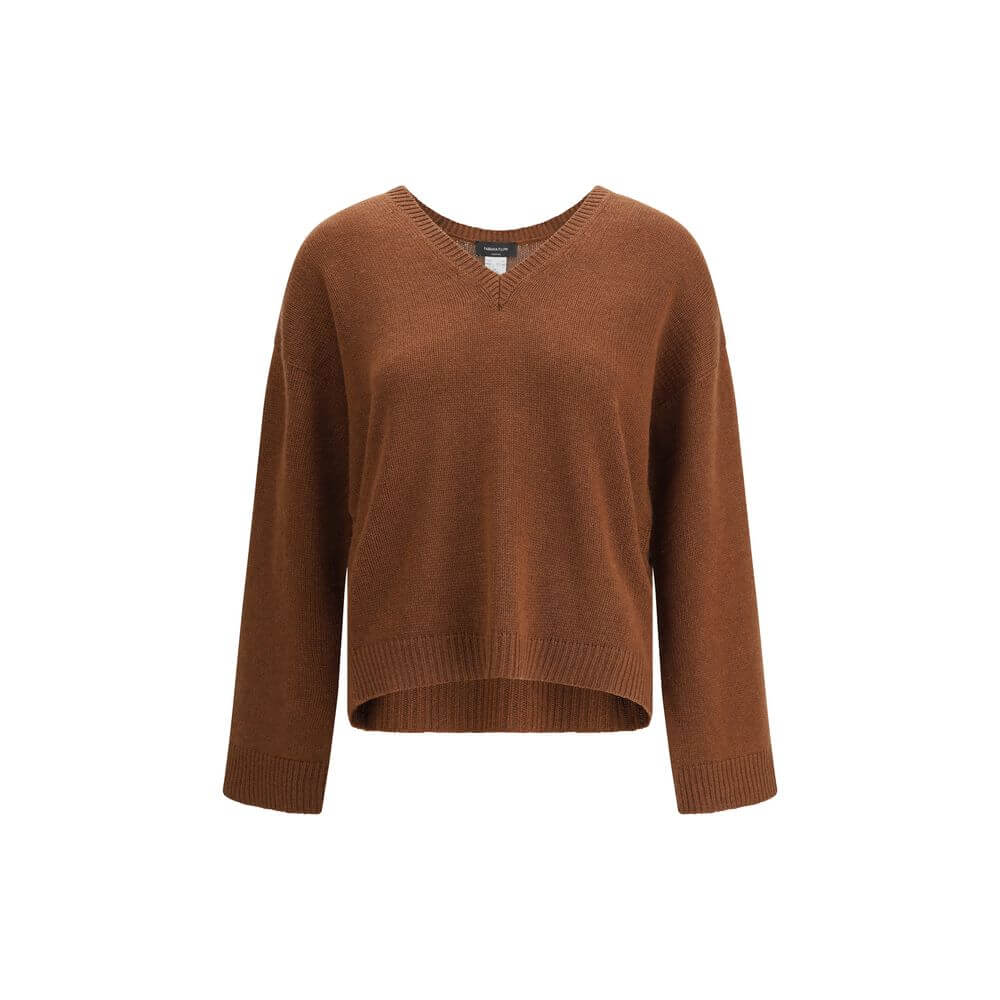 Fabiana Filippi Brown Cashmere Cashmere Sweater with ribbed V-neck, hem, and cuffs, offering a classic and elegant design for AW25.