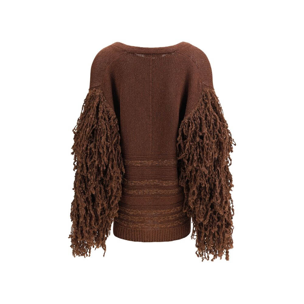 Fabiana Filippi Brown Camel Hair Cardigan with ruffled sleeves, ribbed hem, and button closure. Oversized fit, crafted in Italy.