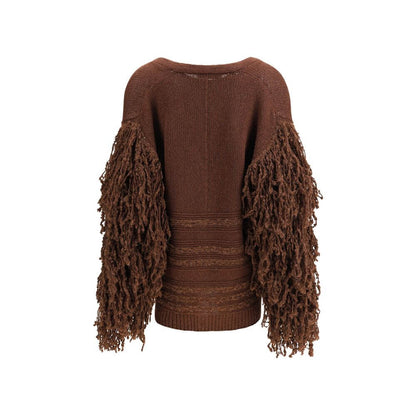 Fabiana Filippi Brown Camel Hair Cardigan with ruffled sleeves, ribbed hem, and button closure. Oversized fit, crafted in Italy.