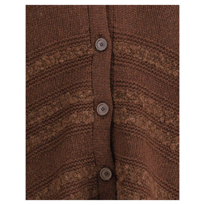 Close-up of Fabiana Filippi Brown Camel Hair Cardigan with button closure and ribbed detail, highlighting luxury fabric and texture.