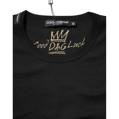 Dolce & Gabbana Black Cotton Goodluck Tee Crew Neck T-shirt