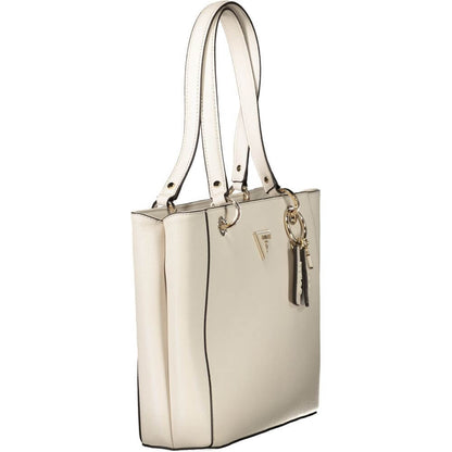 Guess Jeans Beige Polyethylene Handbag with shoulder handles, external pocket, and logo detail, featuring contrasting accents and zip closure.