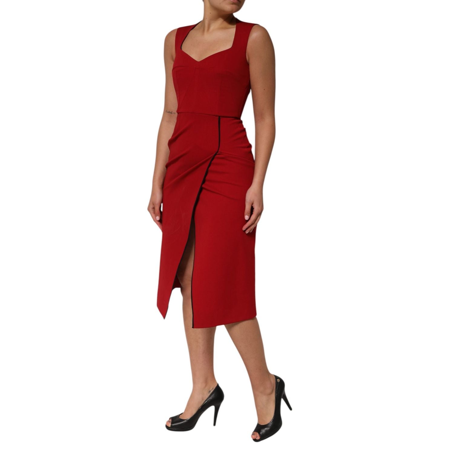 Dolce & Gabbana Red Viscose Stretch Slit Sheath Midi Dress