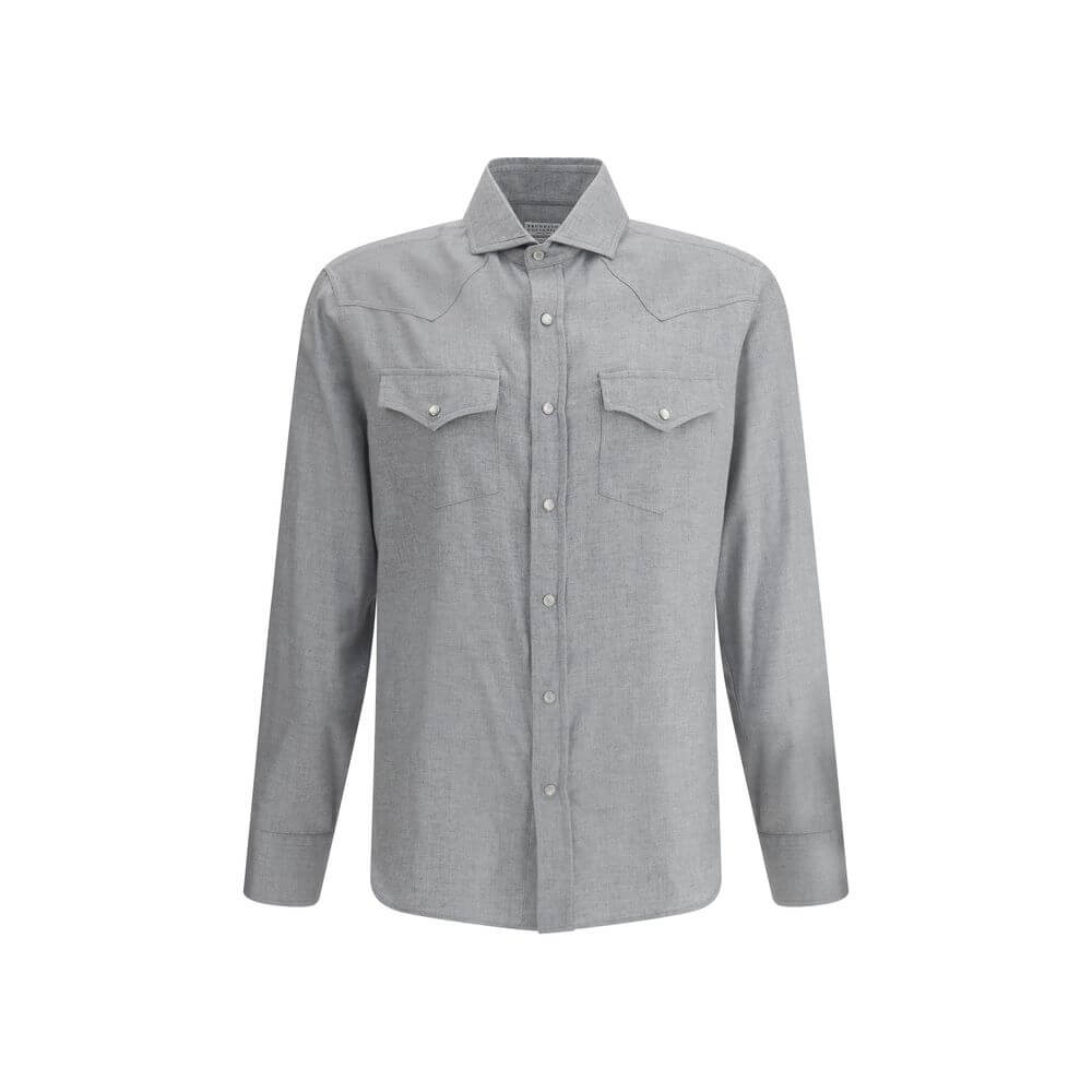 Brunello Cucinelli Gray Cotton Pattern Shirt with classic collar and flap pockets