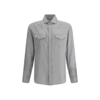 Brunello Cucinelli Gray Cotton Pattern Shirt with classic collar and flap pockets