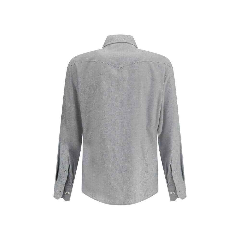 Back view of Brunello Cucinelli Gray Cotton Pattern Shirt with adjustable cuffs and classic collar, featuring a contemporary design.