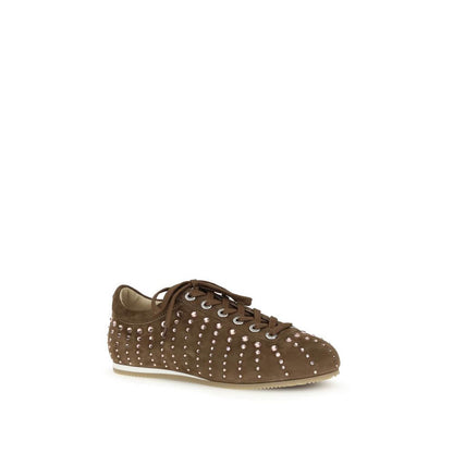 MACH & MACH Brown Calf Leather Bos Taurus Low Top Sneakers with crystal studs and suede finish