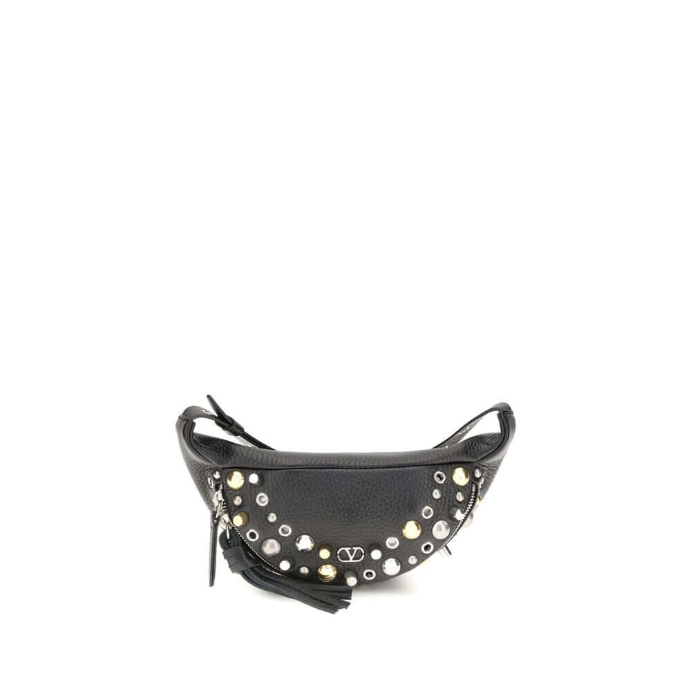 Valentino Garavani Black Calf Leather Bos Taurus Shoulder Bag with stud embellishments and VLogo detail, showcaser/