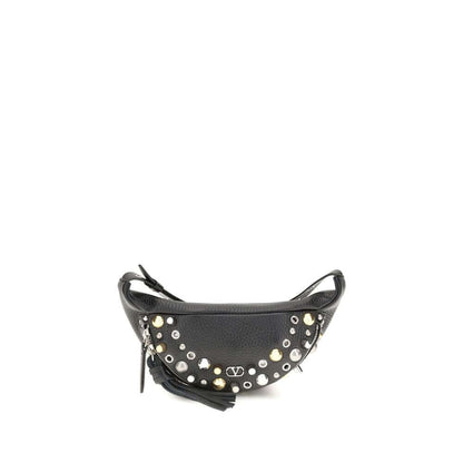 Valentino Garavani Black Calf Leather Bos Taurus Shoulder Bag with stud embellishments and VLogo detail, showcaser/