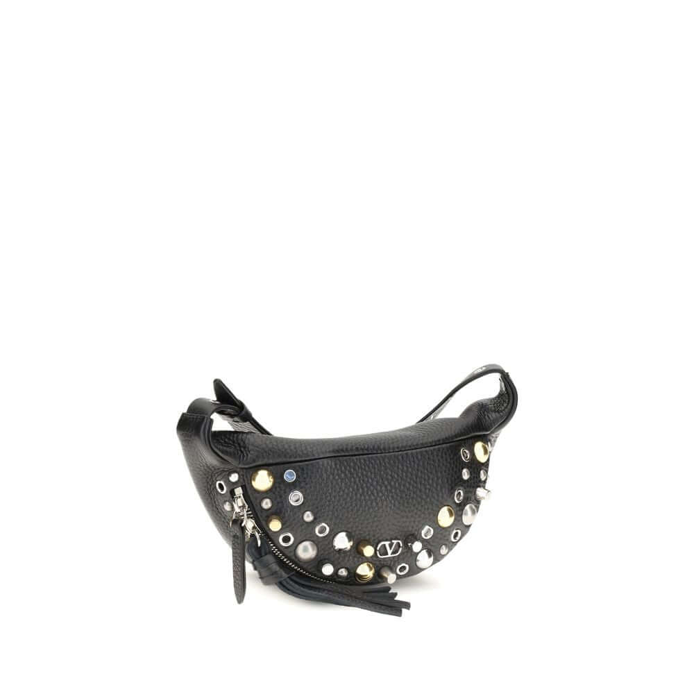 Valentino Garavani Black Calf Leather Bos Taurus Shoulder Bag with studs and VLogo detail, AW25 fanny pack, zipper closure.