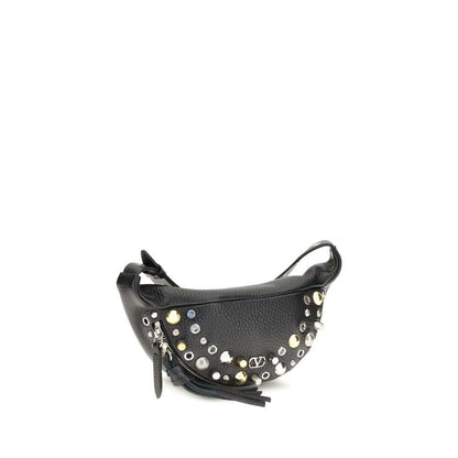Valentino Garavani Black Calf Leather Bos Taurus Shoulder Bag with studs and VLogo detail, AW25 fanny pack, zipper closure.