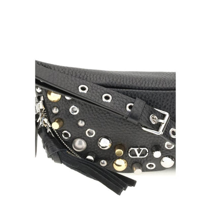 Valentino Garavani Black Calf Leather Bos Taurus Shoulder Bag with decorative studs and VLogo detail for bold styling.