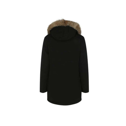 Woolrich Black Cotton Parka with fur hood, back view showing oversized fit, ideal for AW25 season, made in Bulgaria.