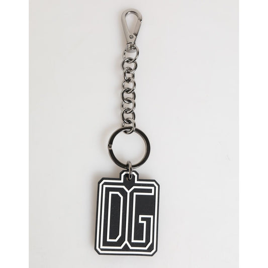 Dolce & Gabbana Black White DG Rubber Logo Silver Men Keychain Keyring