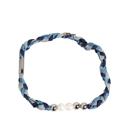 Dolce & Gabbana Blue White Braided Silver Metal Logo Beaded Men Bracelet