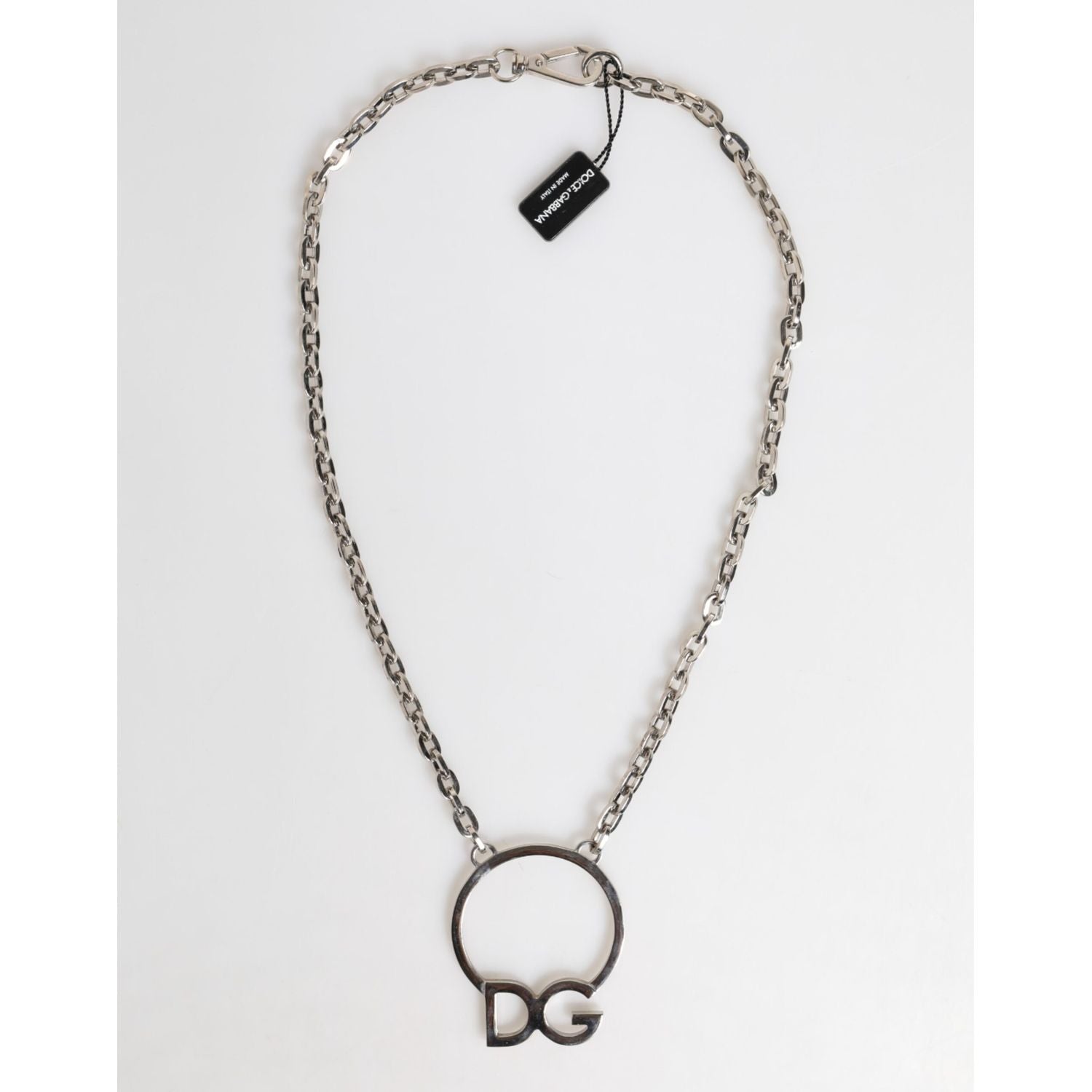 Dolce & Gabbana Silver Tone Brass Chain DG Logo Pendant Men Necklace