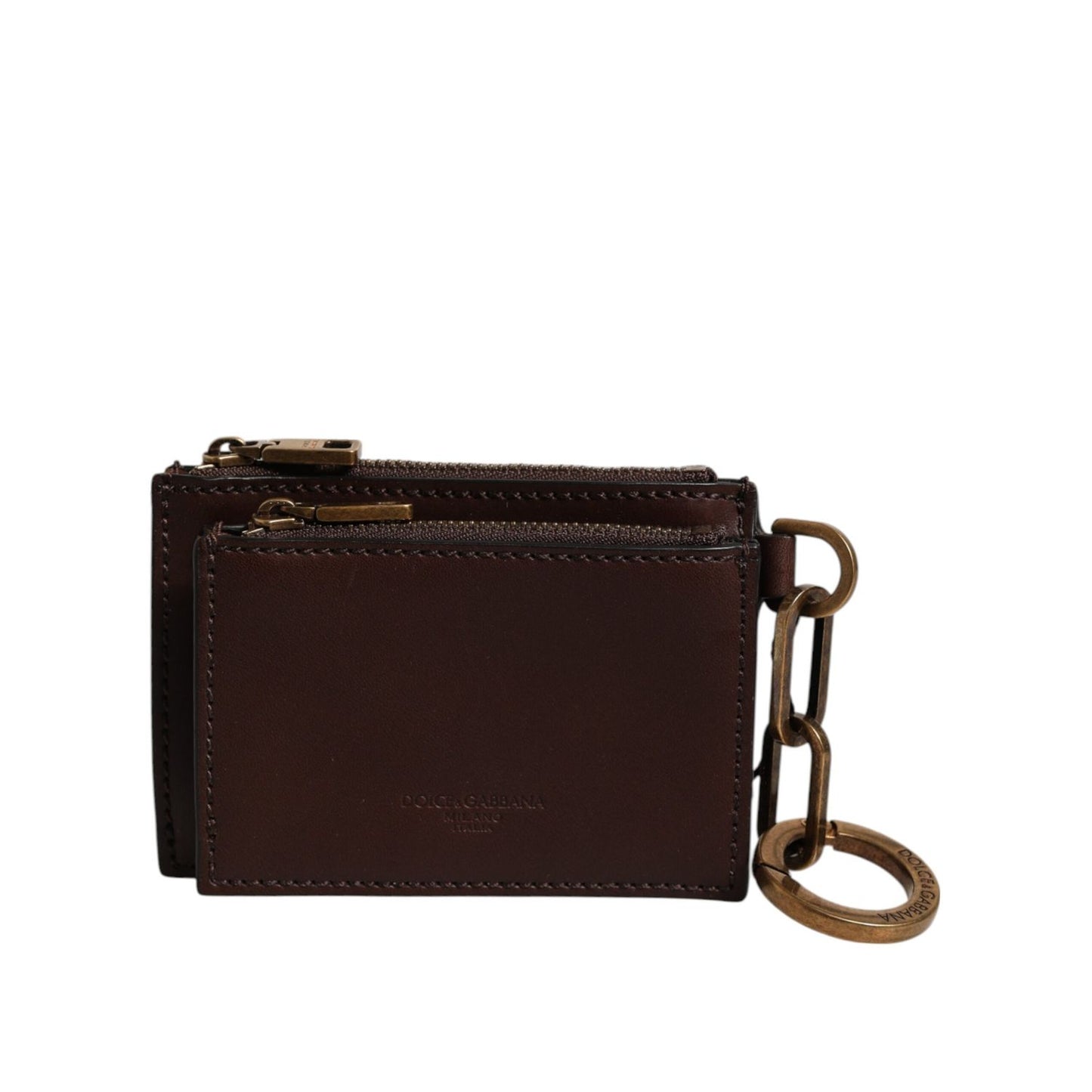 Dolce & Gabbana Brown Calf Leather Zip Logo Keyring Coin Purse Men Wallet