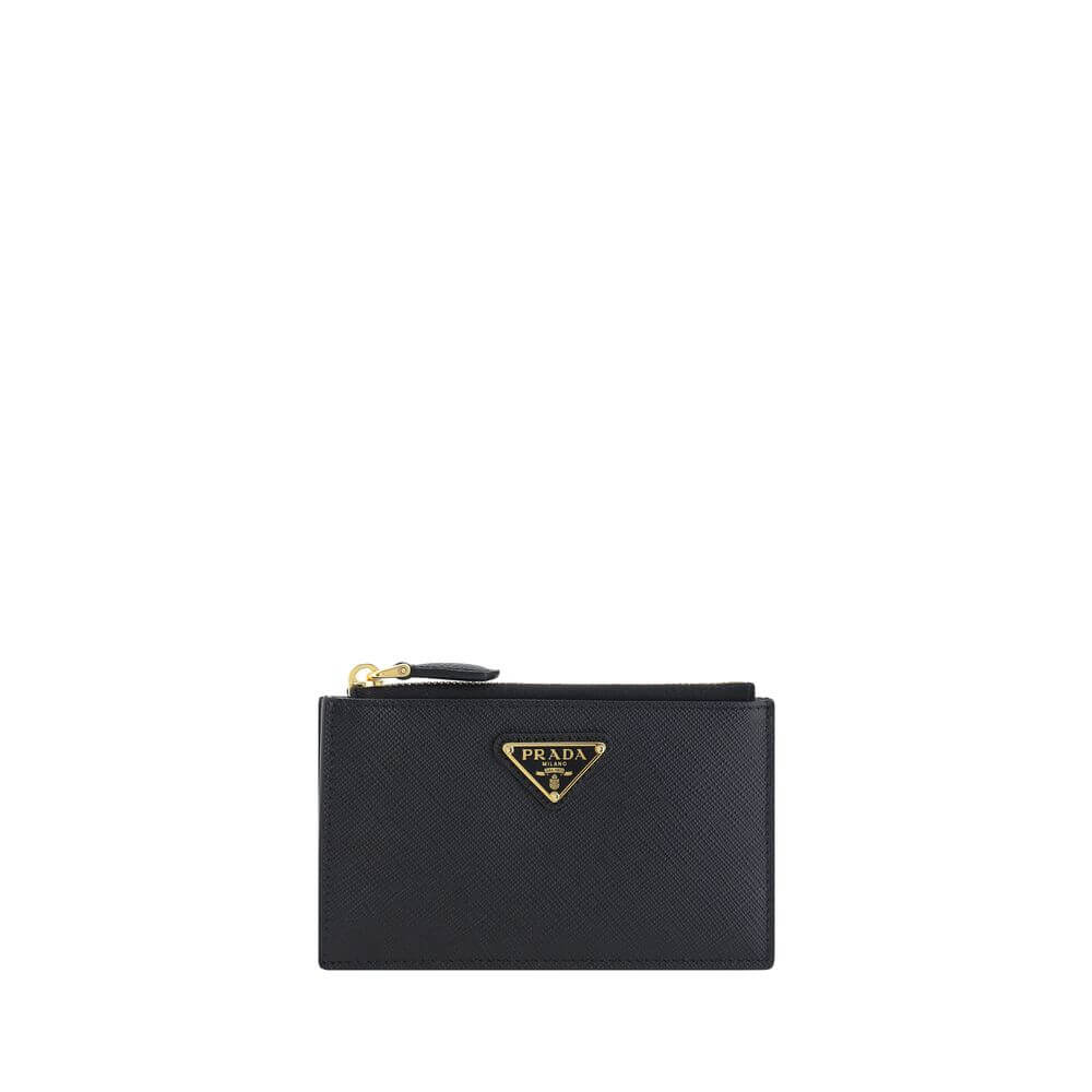 Prada Black Calf Leather Bos Taurus Wallet with top zip and triangle logo plaque, perfect accessory for organizing coins, AW25.