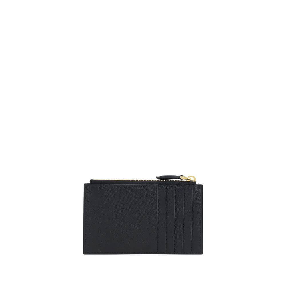 Prada Black Calf Leather Bos Taurus Wallet with top zip and triangular plaque, ideal for organizing coins and small objects in style.