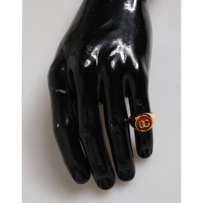 Dolce & Gabbana Gold Tone Real Brass Red DG Logo Men Ring