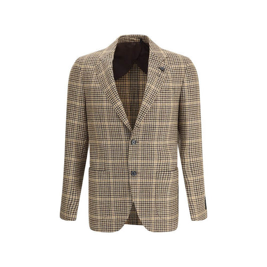 Lardini Beige Wool Clothing houndstooth blazer with brooch on lapel, classic collar, long sleeves, button closure, double back slit.