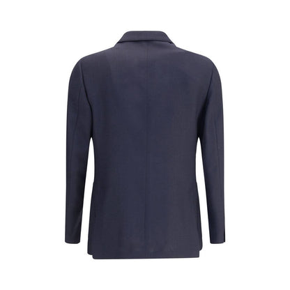 Rear view of Lardini Blue Fleece Wool Blazer showcasing classic design and structure