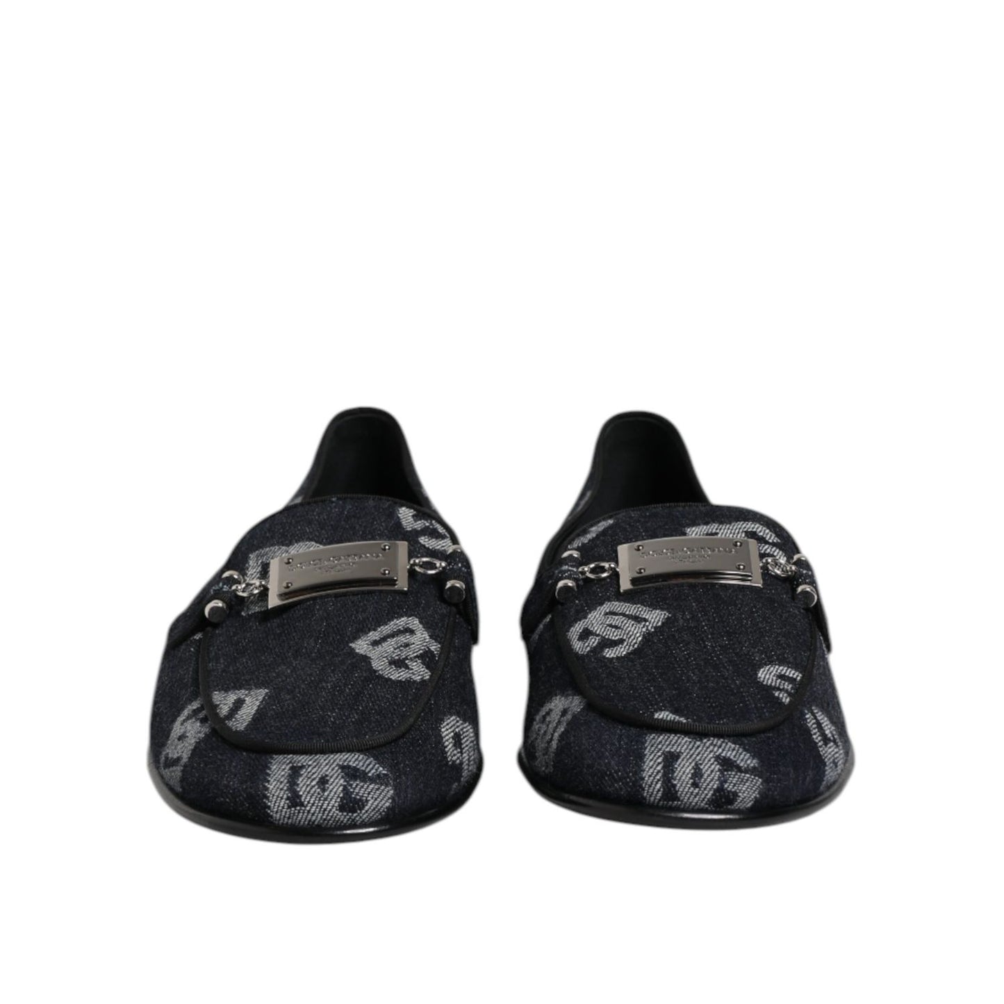 Dolce & Gabbana Blue Logo Cotton Loafers Formal Dress Shoes with leather sole, luxurious men's footwear, made in Italy.