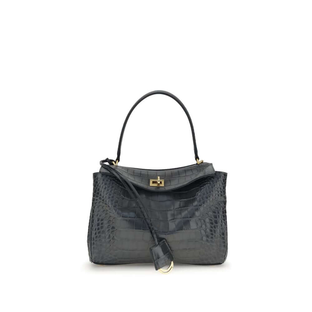 Balenciaga Black Calf Leather Bos Taurus Shoulder Bag with crocodile-print leather and turn lock flap closure.