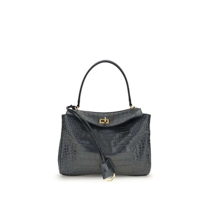 Balenciaga Black Calf Leather Bos Taurus Shoulder Bag with crocodile-print leather and turn lock flap closure.