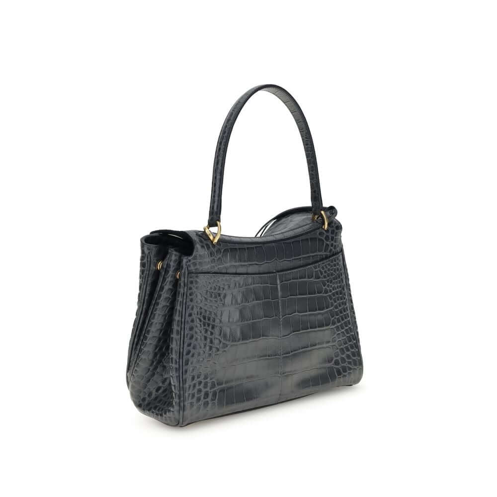 Balenciaga Black Calf Leather Bos Taurus Shoulder Bag with crocodile-print, top handle, and removable strap.