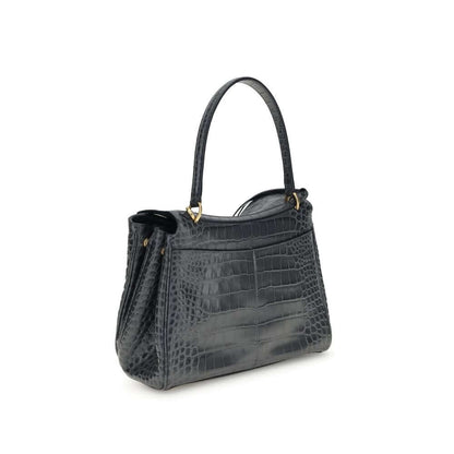 Balenciaga Black Calf Leather Bos Taurus Shoulder Bag with crocodile-print, top handle, and removable strap.