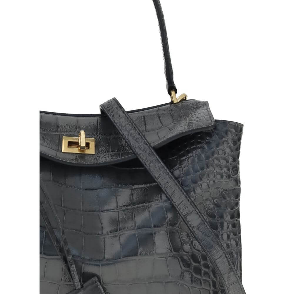 Balenciaga Black Calf Leather Bos Taurus Shoulder Bag in crocodile print with flap closure and removable shoulder strap.