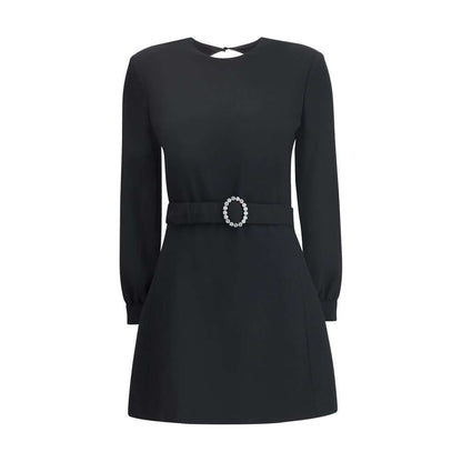 Saint Laurent Black Viscose Cocktail Dress with long sleeves and round neckline, featuring padded shoulders and elegant design details.