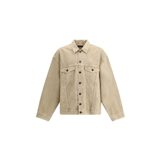 Balenciaga Beige Cotton Denim Jacket with 7-button closure, embroidered logo, and adjustable cuffs. AW25 Collection, oversized fit.