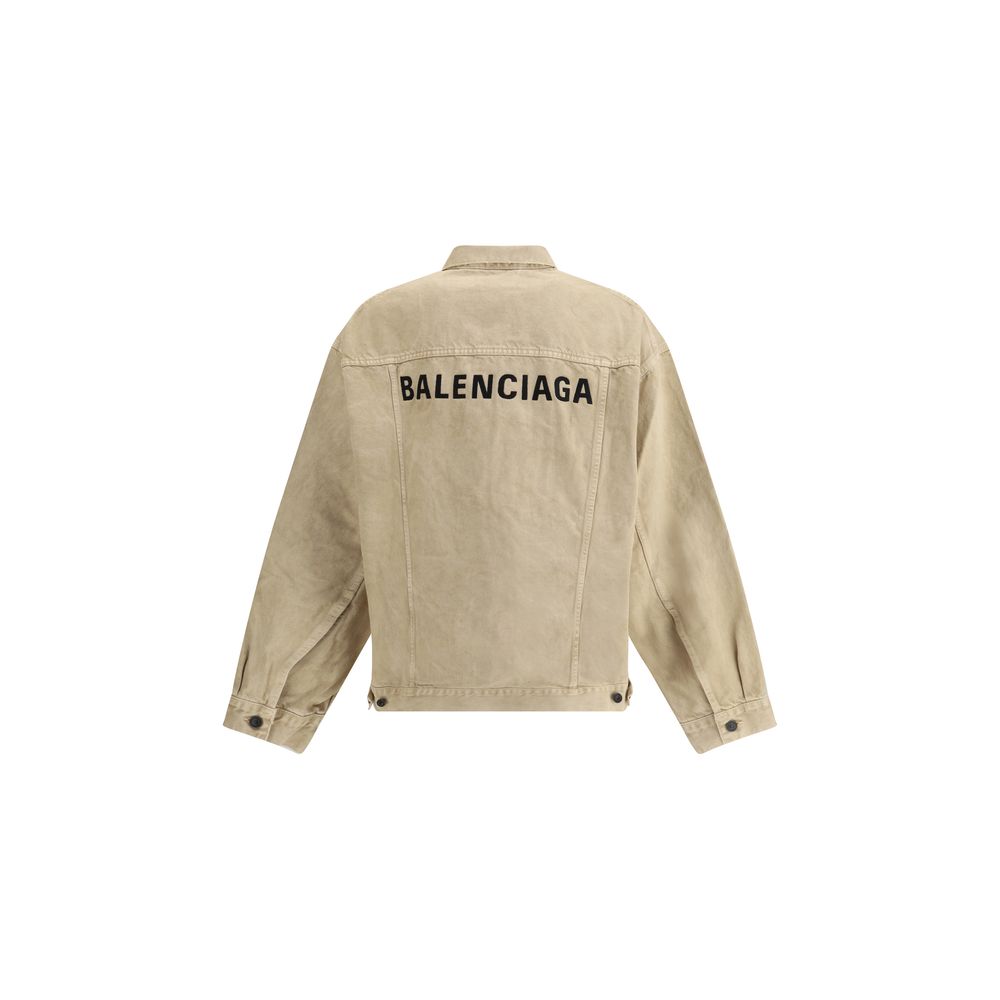 Balenciaga Beige Cotton Denim Jacket with embroidered logo on back, featuring oversized fit and adjustable cuffs for AW25 collection.