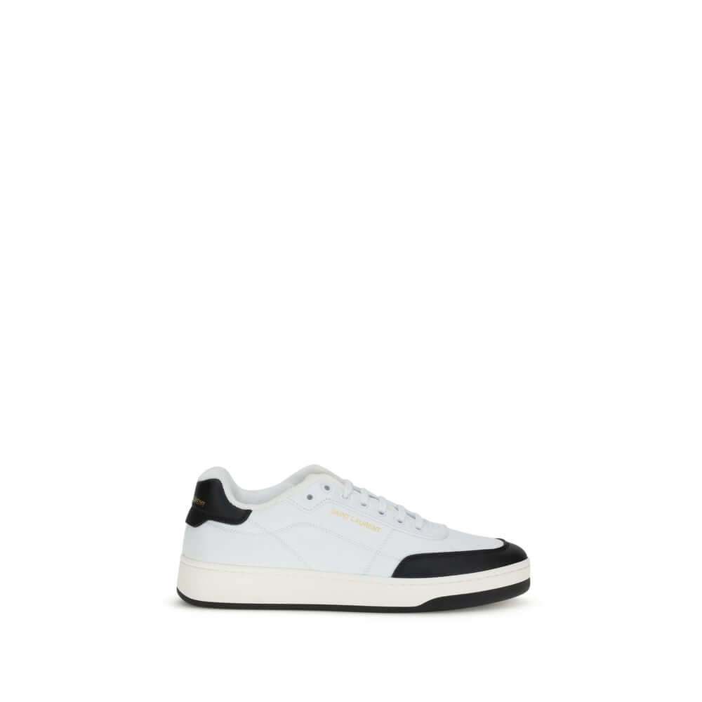 Saint Laurent White Calf Leather Bos Taurus Low Top Sneakers with logos on side and heel, flat sole, lace-up closure, suede panel detail.