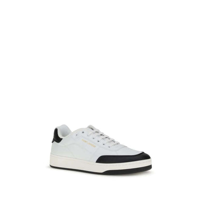 Saint Laurent White Calf Leather Bos Taurus Low Top Sneakers with suede panel, featuring logos on side and heel.