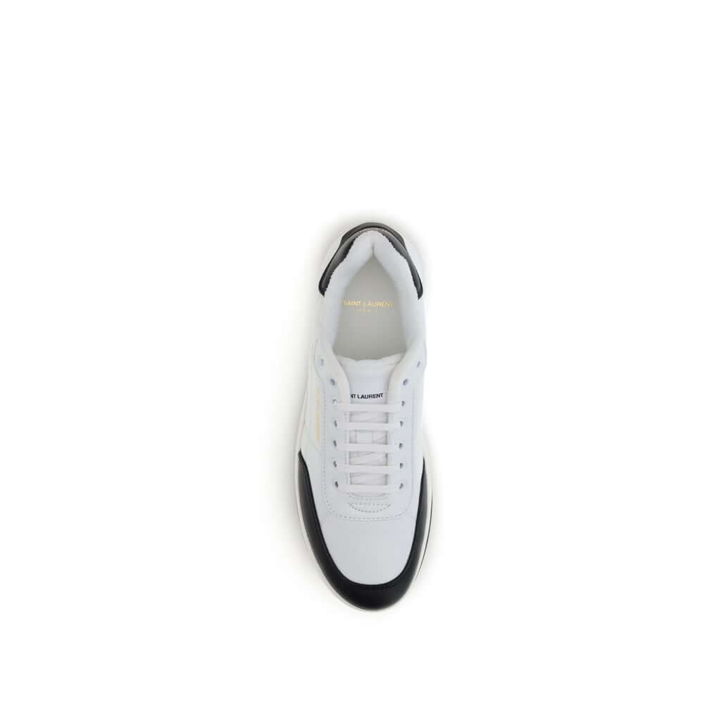 Top view of Saint Laurent White Calf Leather Bos Taurus Low Top Sneakers with suede panel and logo detailing.