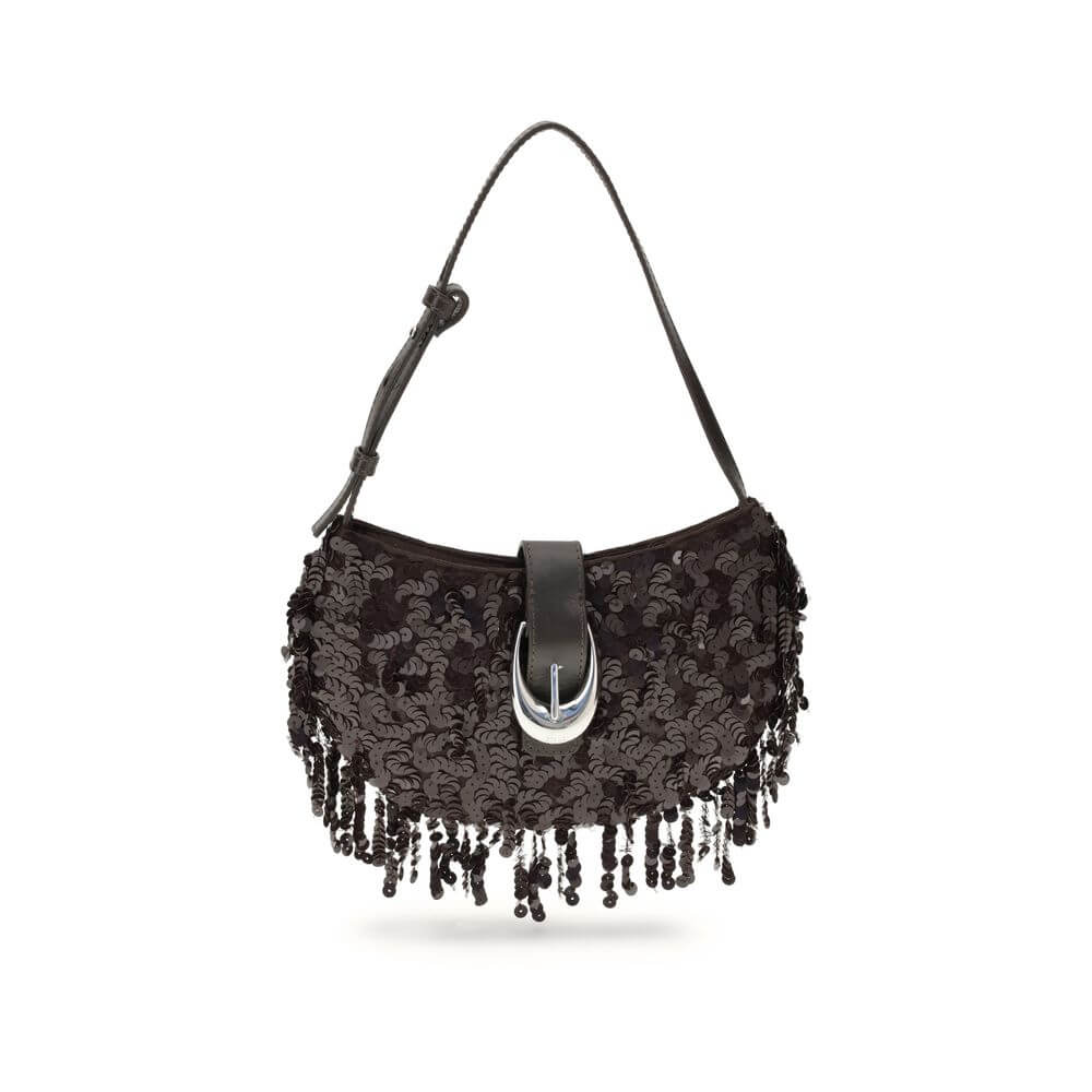 Staud Brown Polyester Shoulder Bag with sequins and fringed edge.
