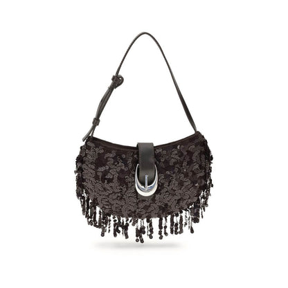 Staud Brown Polyester Shoulder Bag with sequins and fringed edge.