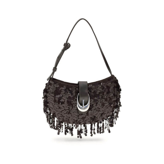 Staud Brown Polyester Shoulder Bag with sequins and fringe, featuring a moon-shaped buckle and adjustable strap, perfect for evening use.